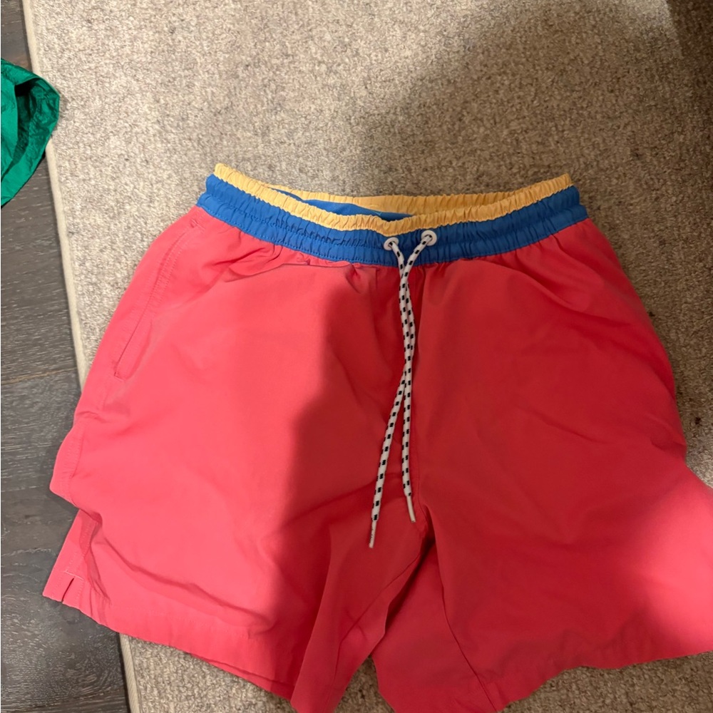 chubbies Coral Swim Shorts with Blue and Yellow Waistband